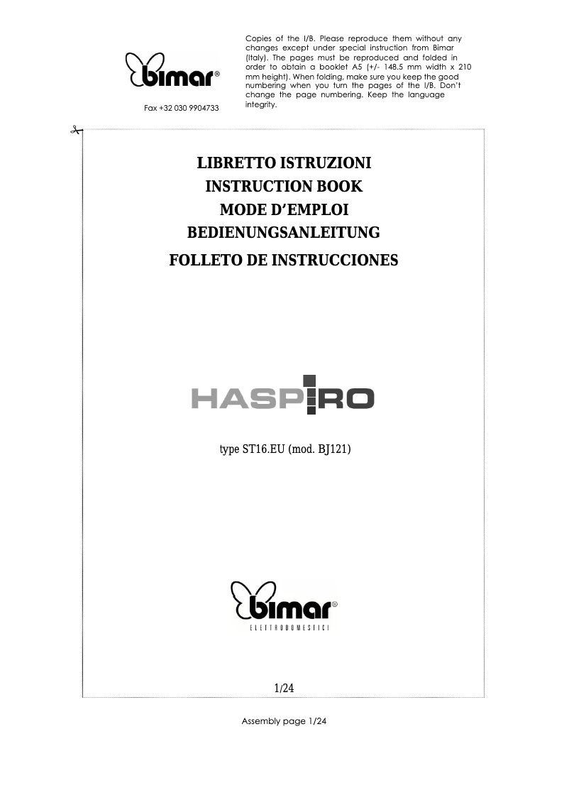 Page 1 de la notice Manuel utilisateur Bimar ST16.EU