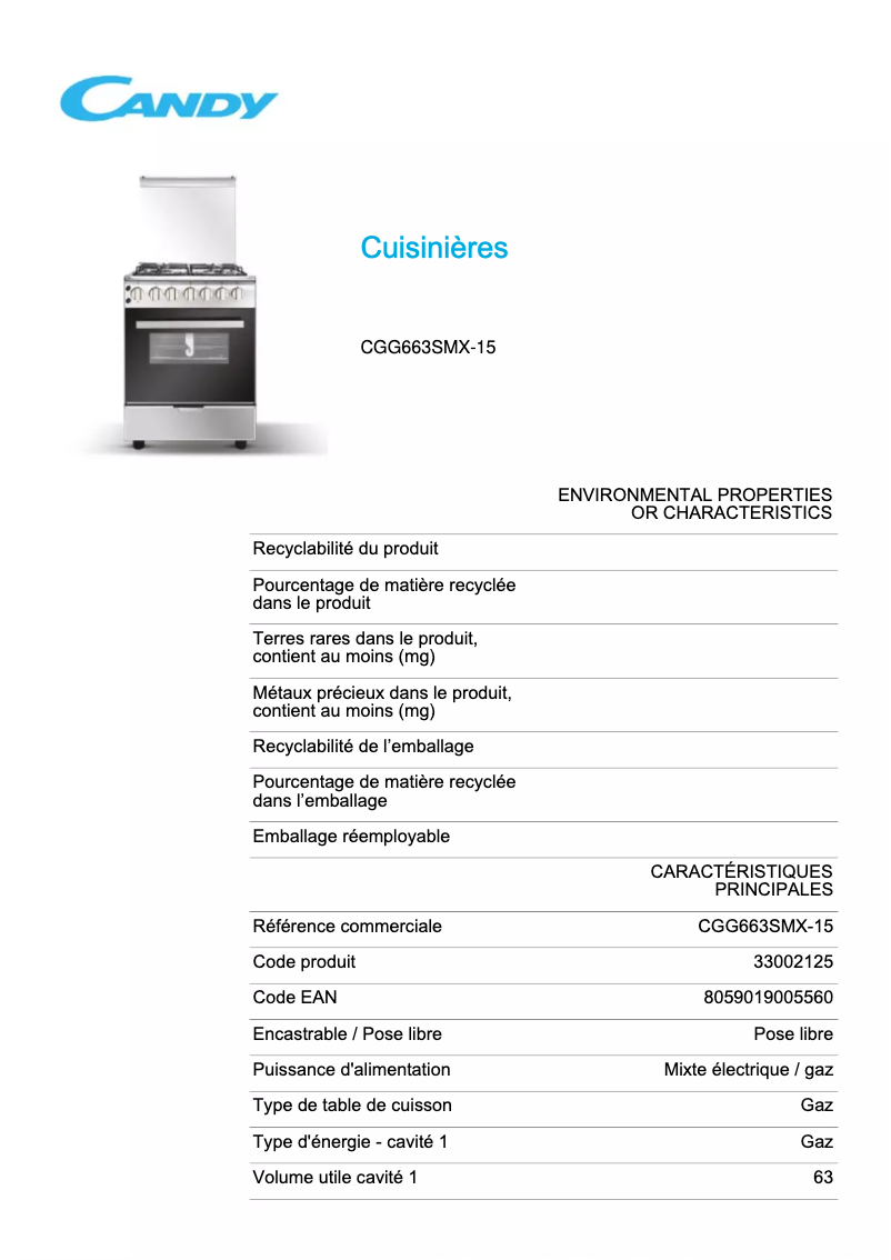 Page 1 de la notice Fiche technique Candy CGG663SMX-15