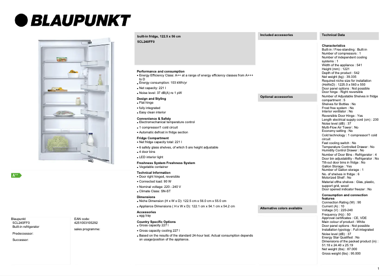 Page 1 de la notice Fiche technique Blaupunkt 5CL240FF0
