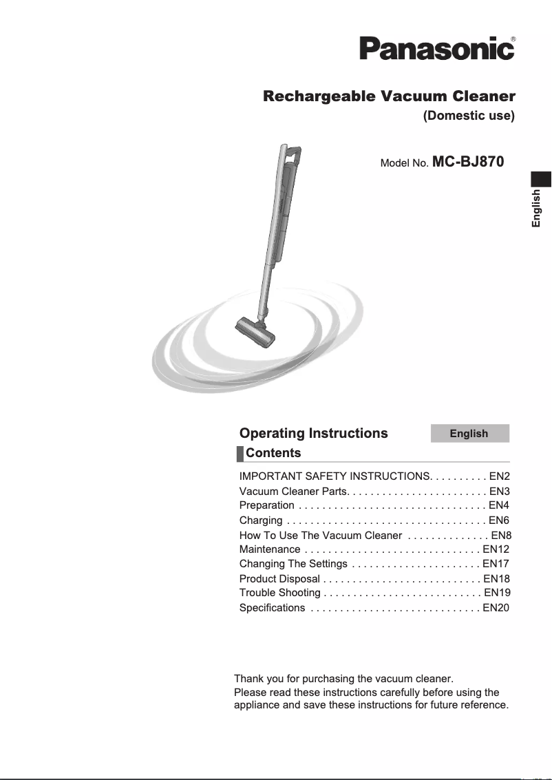Page 1 de la notice Manuel utilisateur Panasonic MC-BJ870
