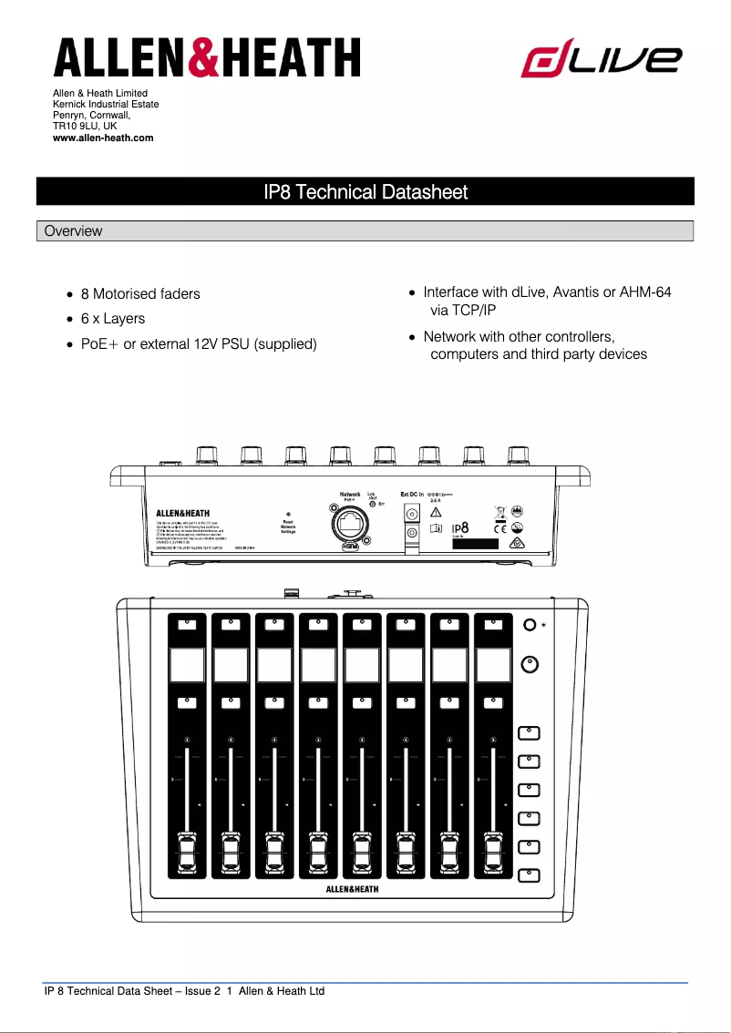 Page 1 de la notice Fiche technique Allen & Heath IP8