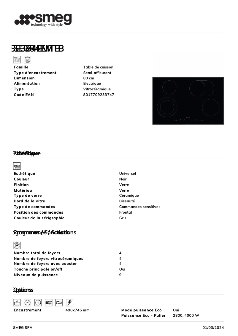 Page n°1 - Fiche technique Smeg SE384EMTB