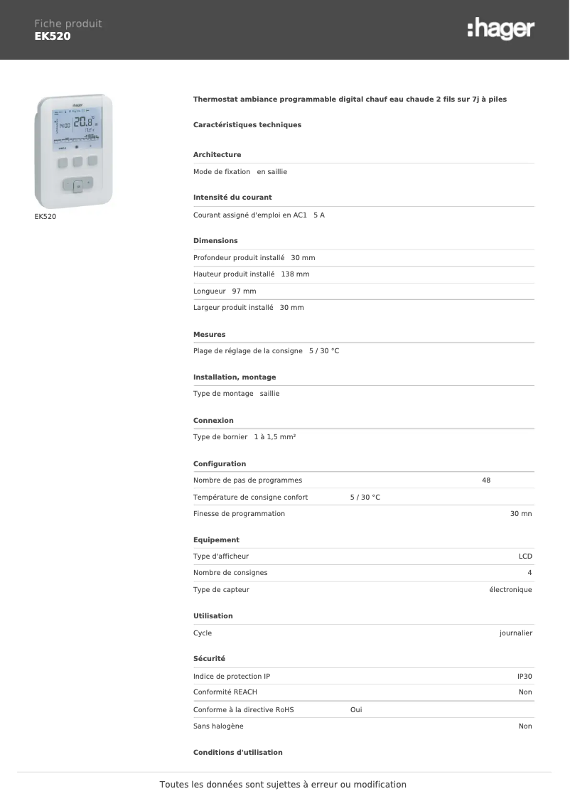 Page n°1 - Fiche technique Hager EK520