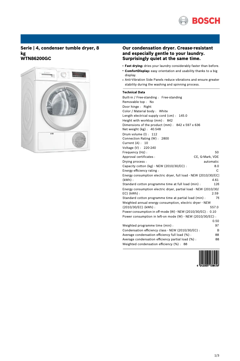 Page 1 de la notice Fiche technique Bosch WTN86200GC