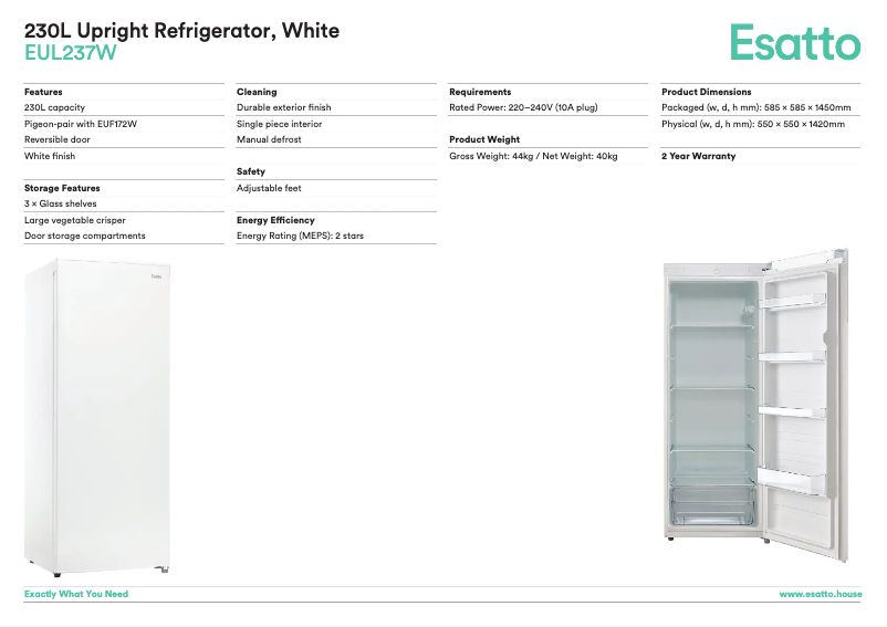 Page 1 de la notice Fiche technique Esatto EUL237W