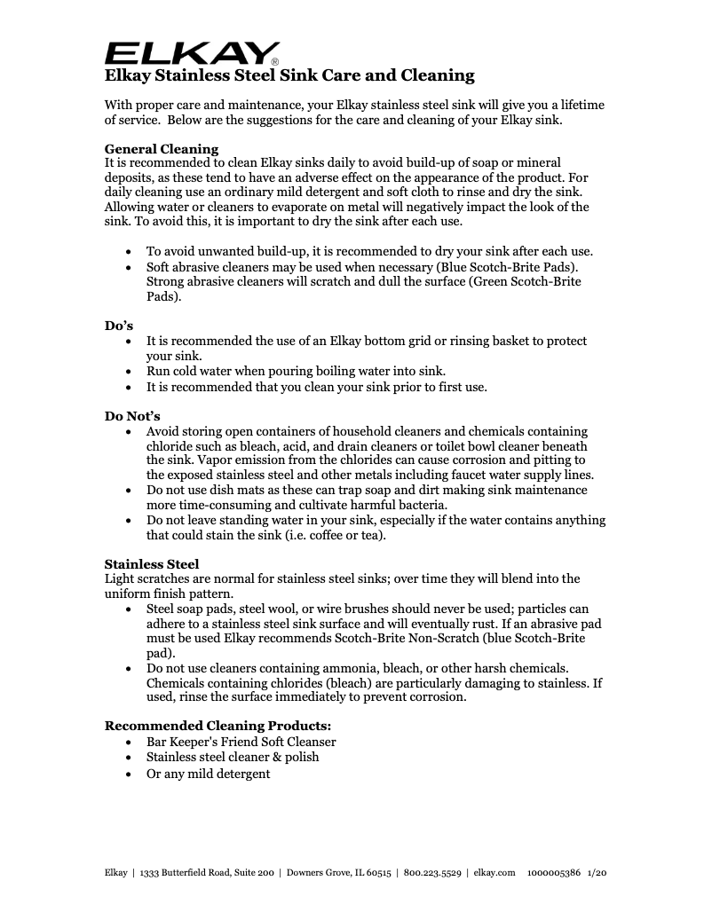 Page 1 de la notice Manuel utilisateur Elkay Lustertone LRAD1720653