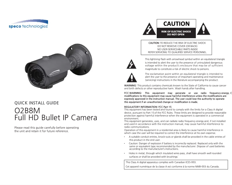 Page 1 de la notice Manuel utilisateur Speco Technologies O2B8M