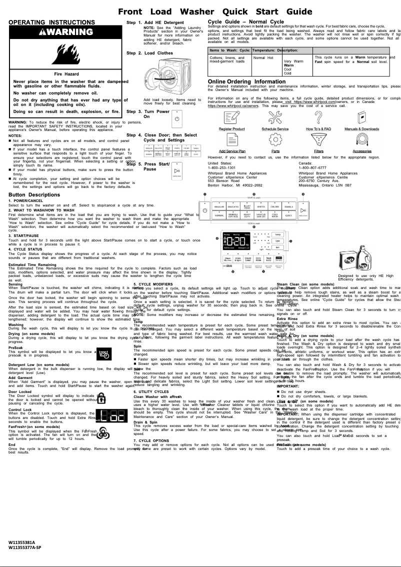 Page n°1 - Guide de démarrage rapide Whirlpool WFW8620HW