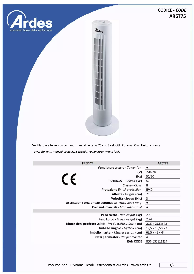Page 1 de la notice Fiche technique Ardes AR5T75