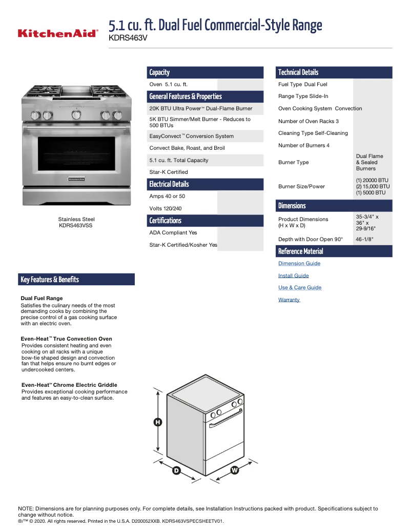 Page 1 de la notice Fiche technique KitchenAid KDRS463VBK