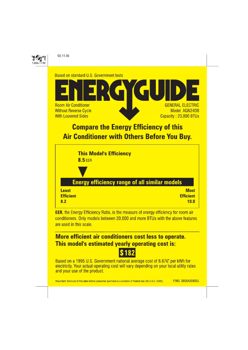 Page 1 de la notice Label énergétique GE AGN24DB