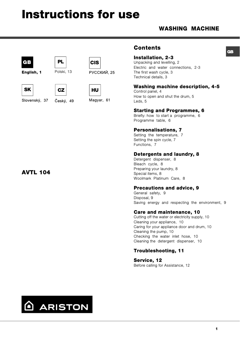 Page 1 de la notice Manuel utilisateur Ariston Thermo AVTL104