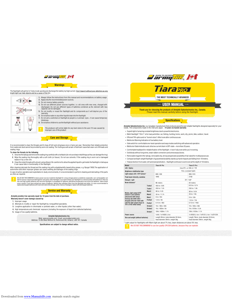 Page 1 de la notice Manuel utilisateur ArmyTek Tiara Pro