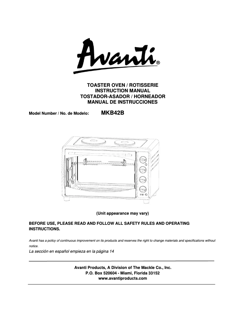 Page 1 de la notice Manuel utilisateur Avanti MKB42B