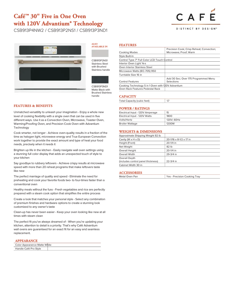 Page 1 de la notice Fiche technique GE Café CSB913P4NW2