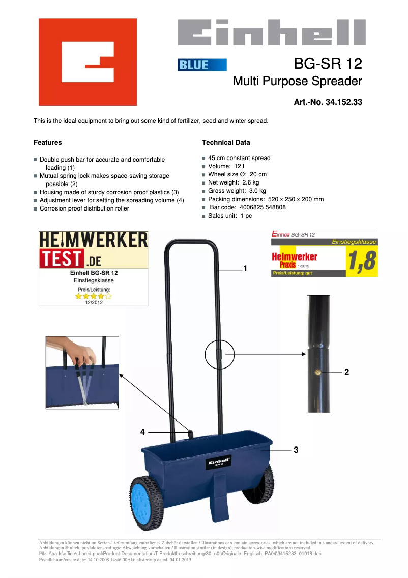 Page 1 de la notice Manuel utilisateur Einhell BG-SR 12