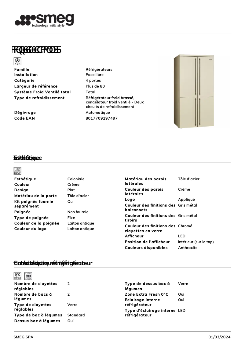 Page 1 de la notice Fiche technique Smeg FQ60CPO5