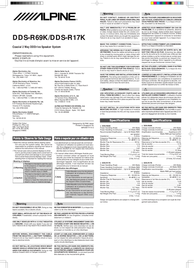 Page n°1 - Manuel utilisateur Alpine DDS-R69K