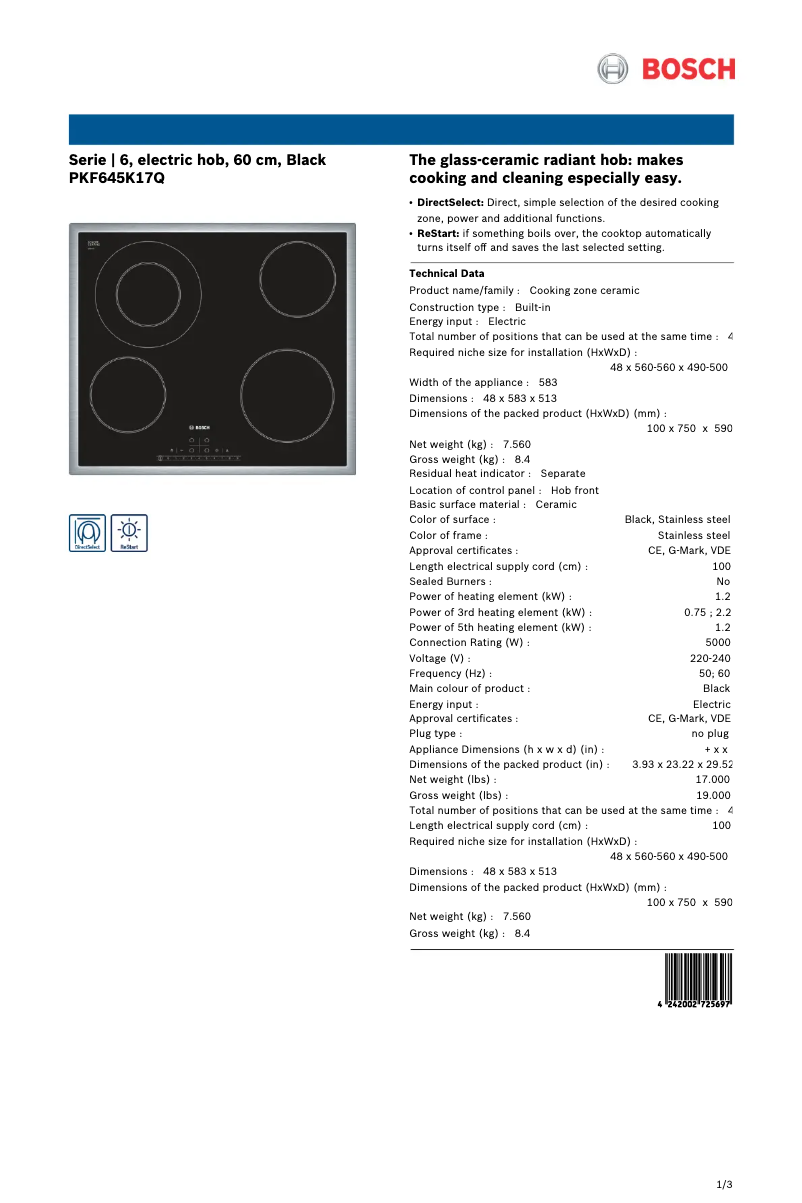 Page 1 de la notice Fiche technique Bosch PKF645K17Q