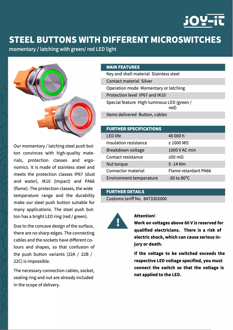 Page n°1 - Fiche technique Joy-It BUTTON22