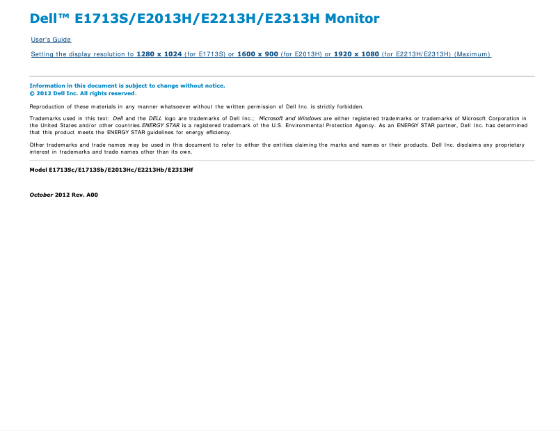 Page 1 de la notice Manuel utilisateur Dell E Series E2313H