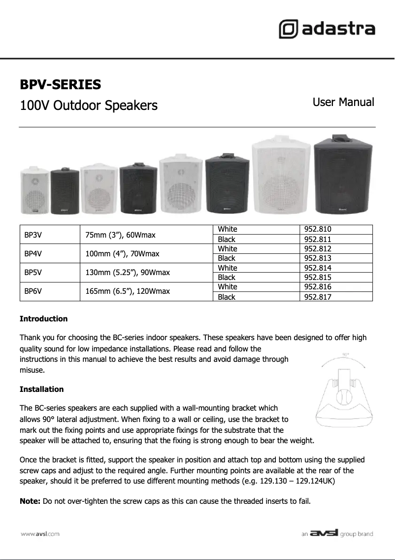 Page 1 de la notice Manuel utilisateur Adastra BP5V