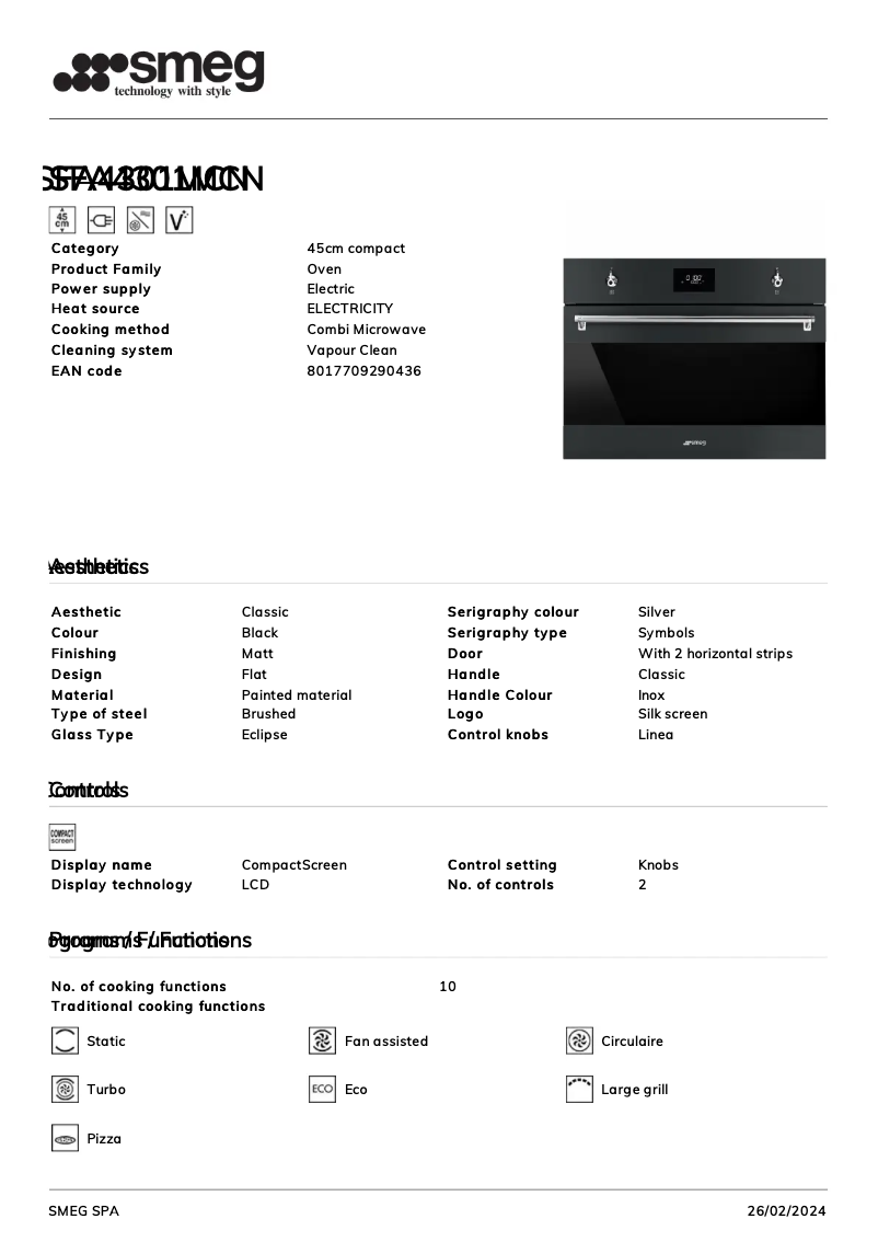 Page n°1 - Fiche technique Smeg SFA4301MCN