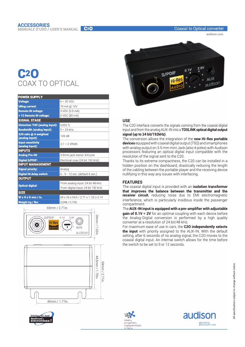 Page 1 de la notice Manuel utilisateur Audison bit C2O