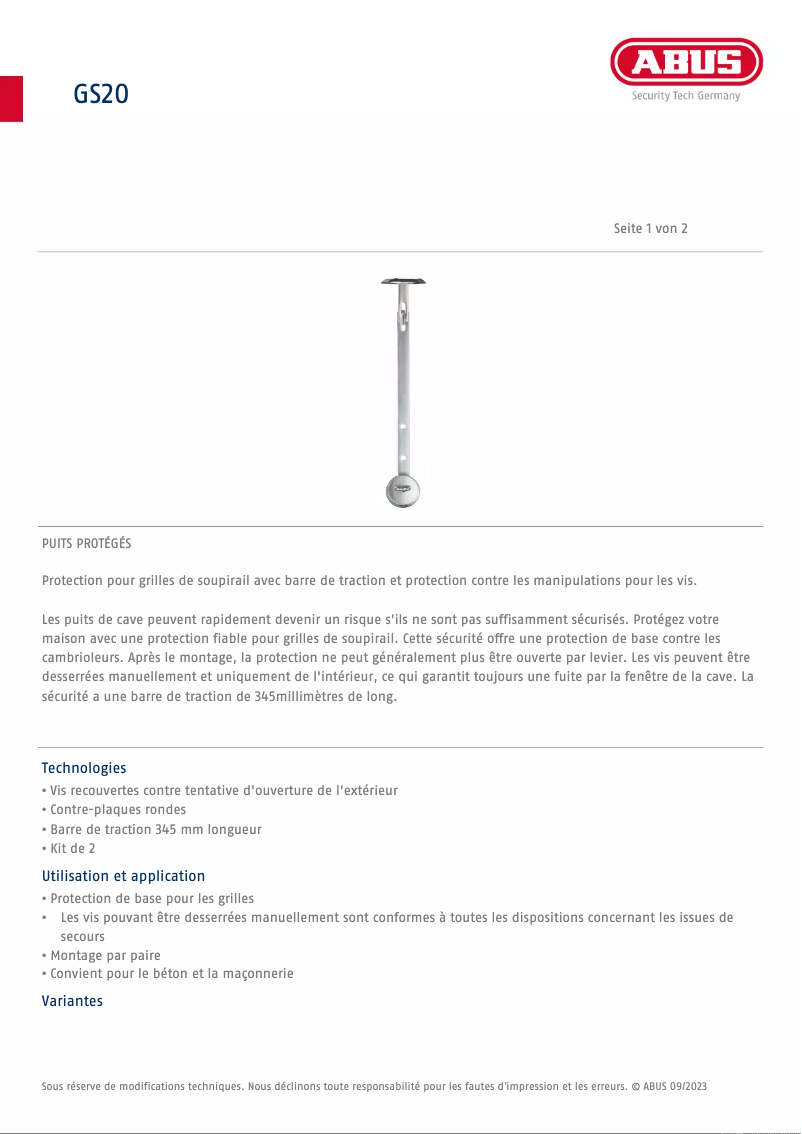 Page n°1 - Fiche technique Abus GS20
