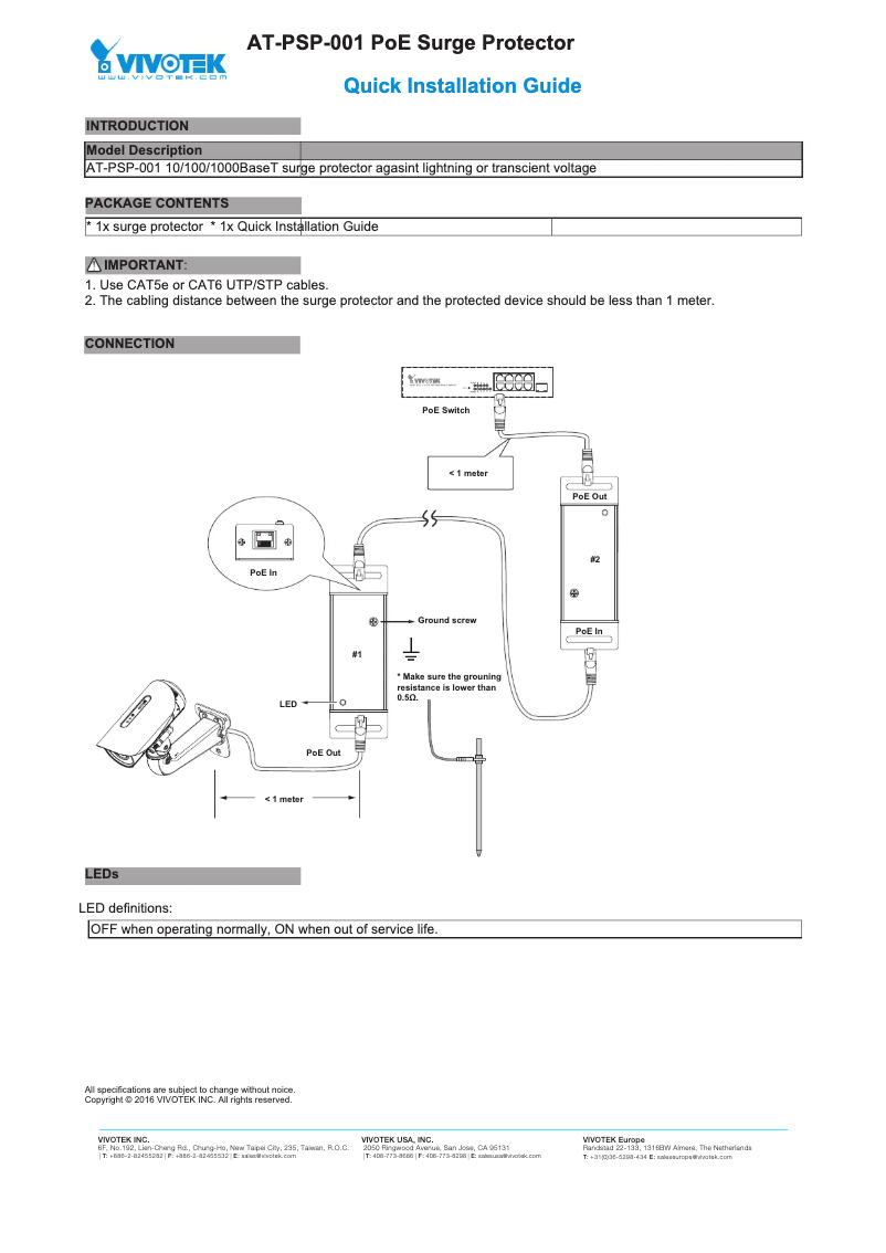 Page 1 de la notice Guide d'installation Vivotek AT-PSP-001