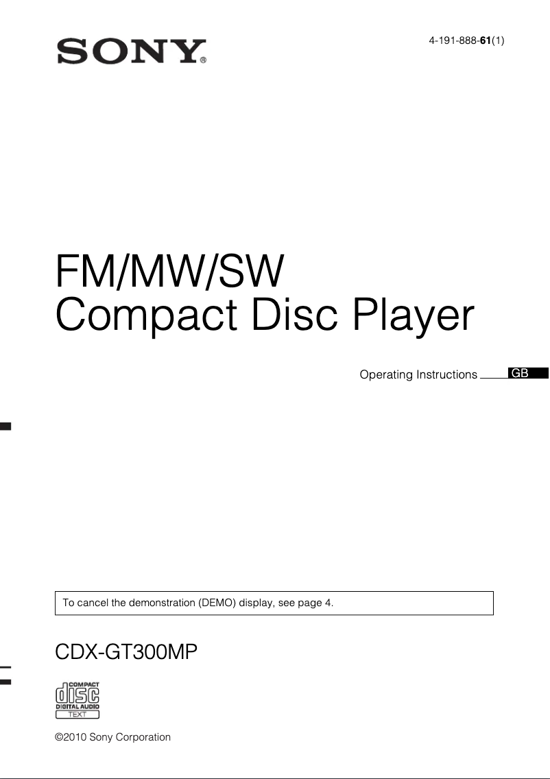 Page 1 de la notice Manuel utilisateur Sony CDX-GT300MP