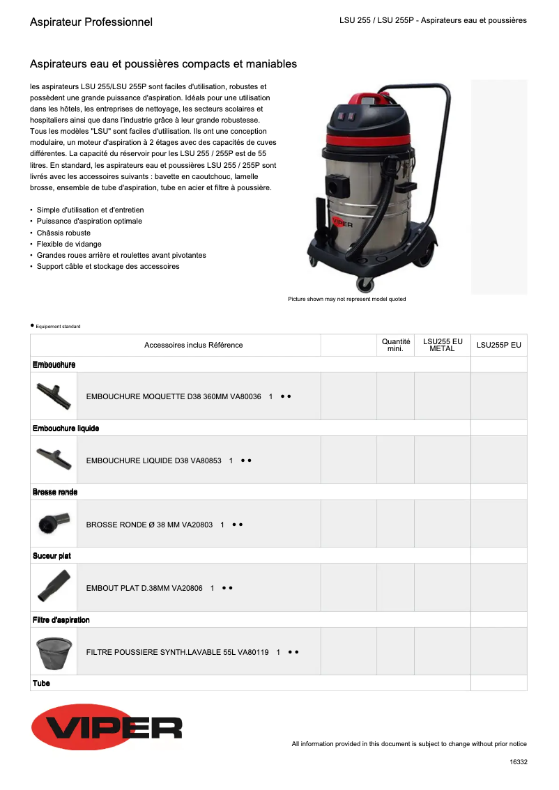 Page 1 de la notice Fiche technique Nilfisk Viper LSU255