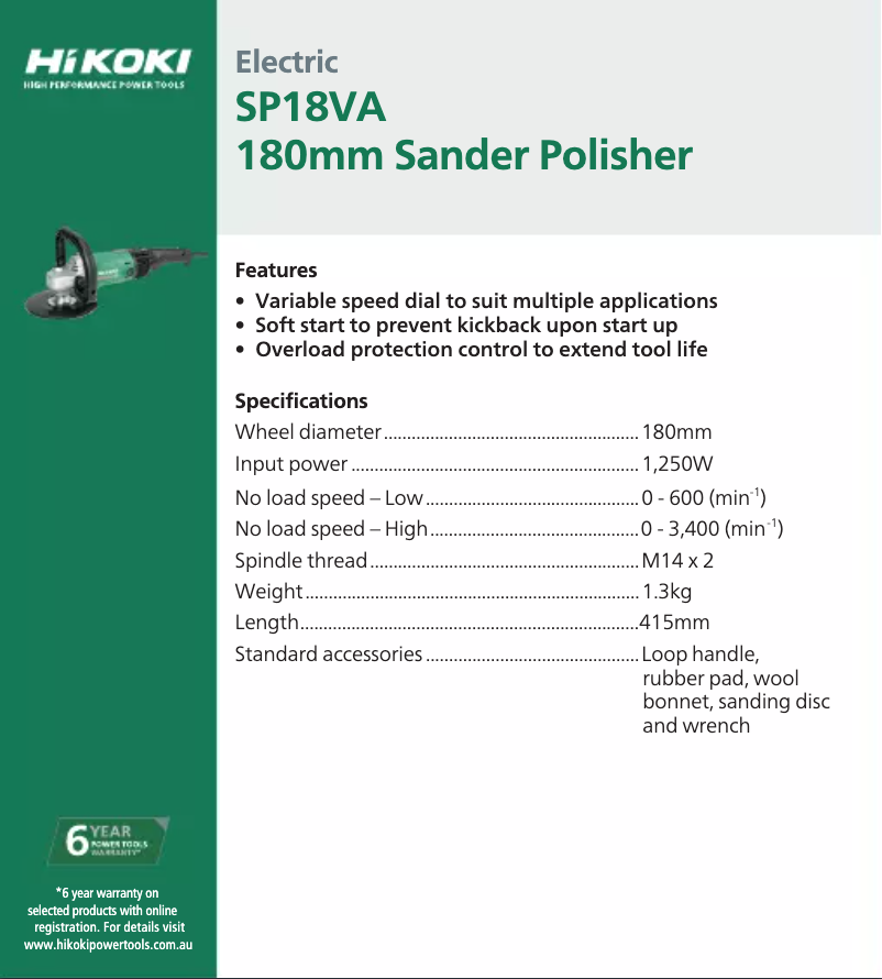 Page 1 de la notice Fiche technique HiKOKI SP 18VA