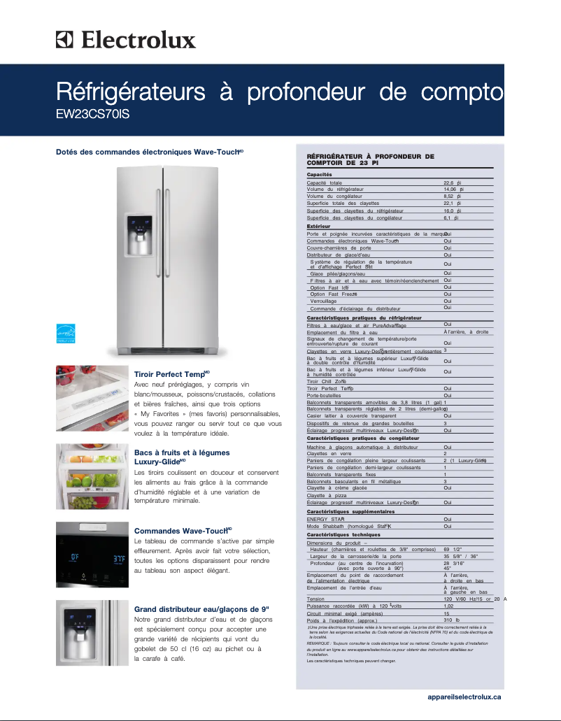 Page 1 de la notice Fiche technique Electrolux EW23CS70IW