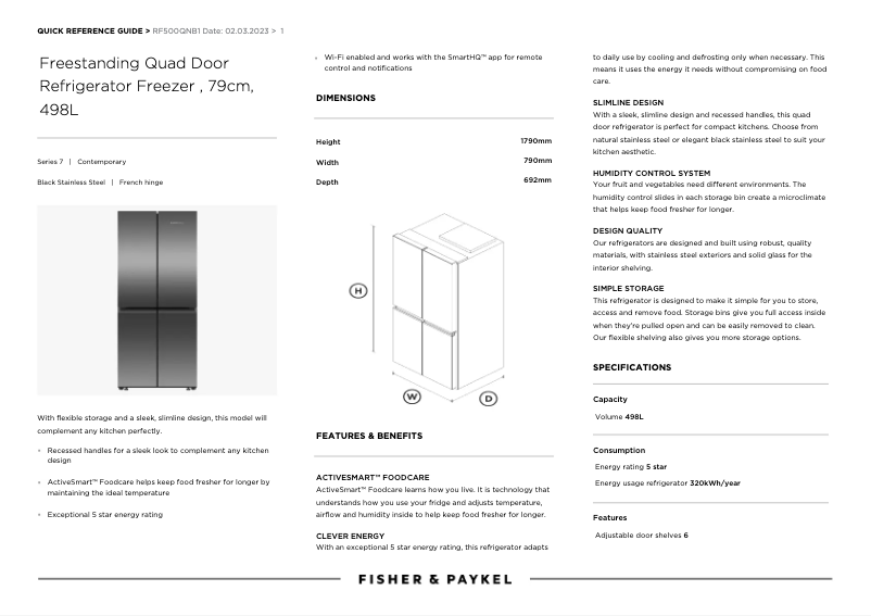 Page 1 de la notice Fiche technique Fisher & Paykel RF500QNB1