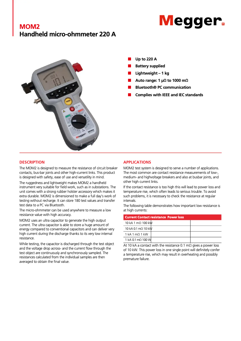 Page 1 de la notice Fiche technique Megger MOM2