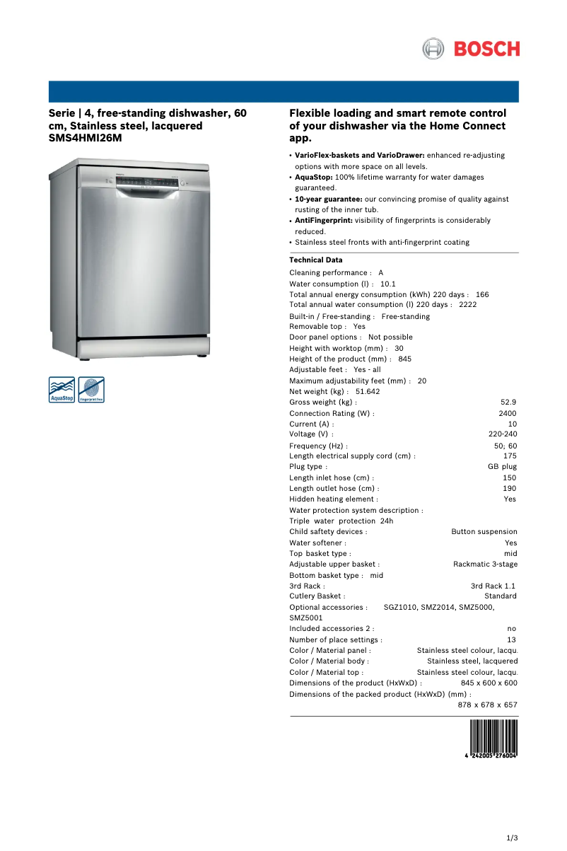 Page n°1 - Fiche technique Bosch SMS4HMI26M
