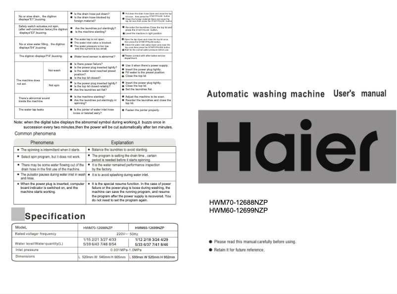 Page 1 de la notice Manuel utilisateur Haier HWM-60-12699