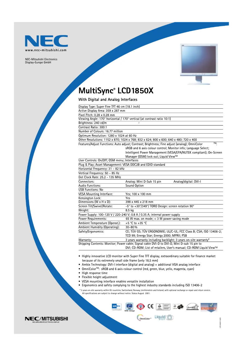 Page 1 de la notice Fiche technique NEC MultiSync LCD1850X