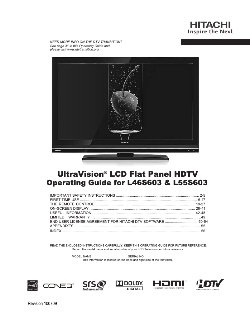 Page 1 de la notice Manuel utilisateur Hitachi L46S603