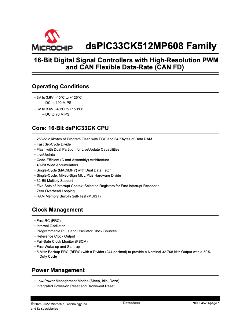 Page 1 de la notice Fiche technique Microchip dsPIC33CK256MP608