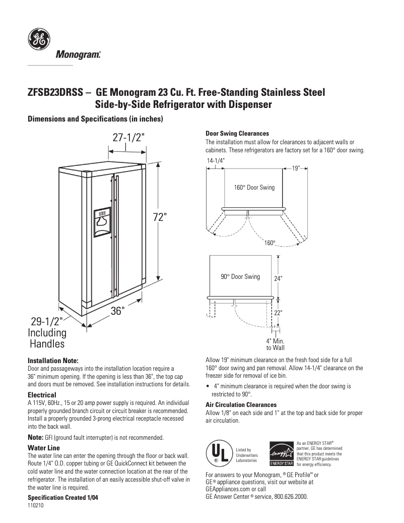Página 1 del manual Ficha técnica GE ZFSB23DRSS