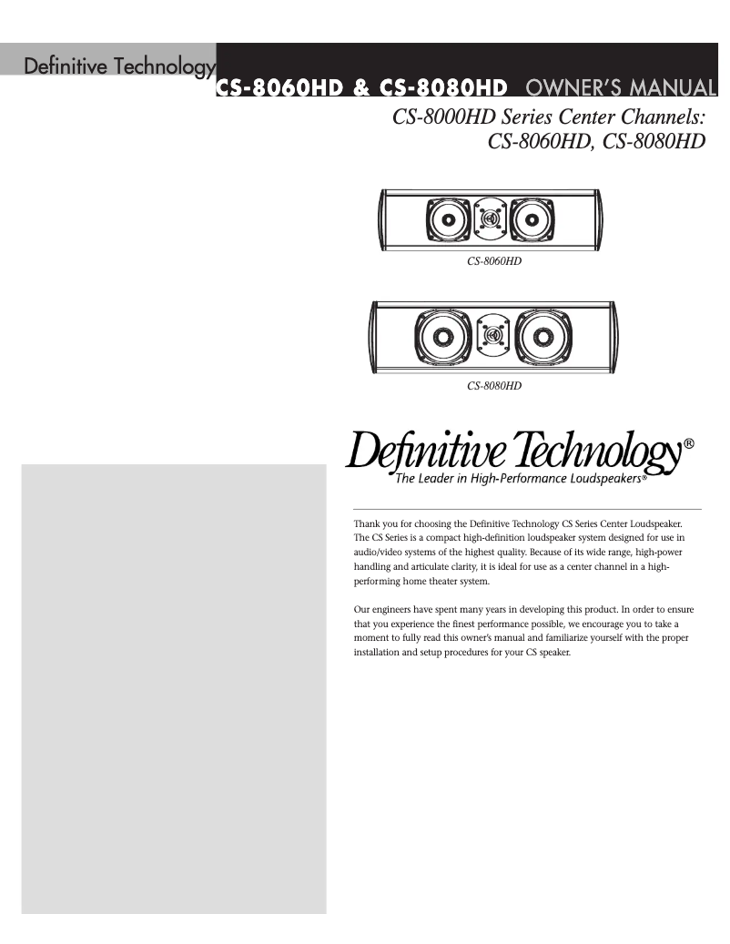 Page 1 de la notice Manuel utilisateur Definitive Technology CS-8060HD