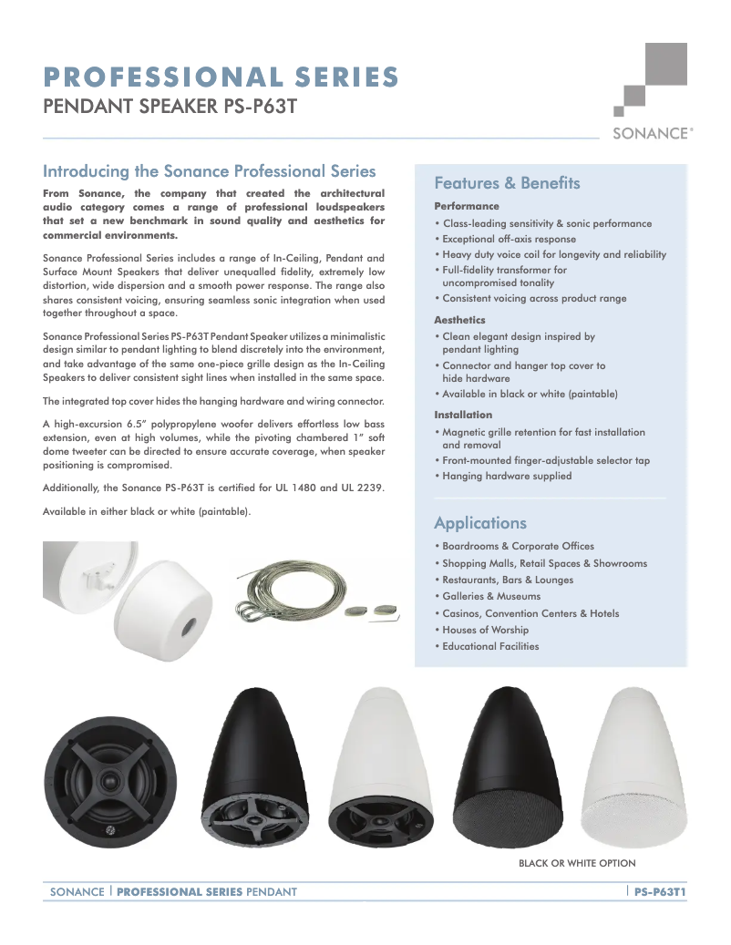 Page 1 de la notice Fiche technique Sonance Professional PS-P63T