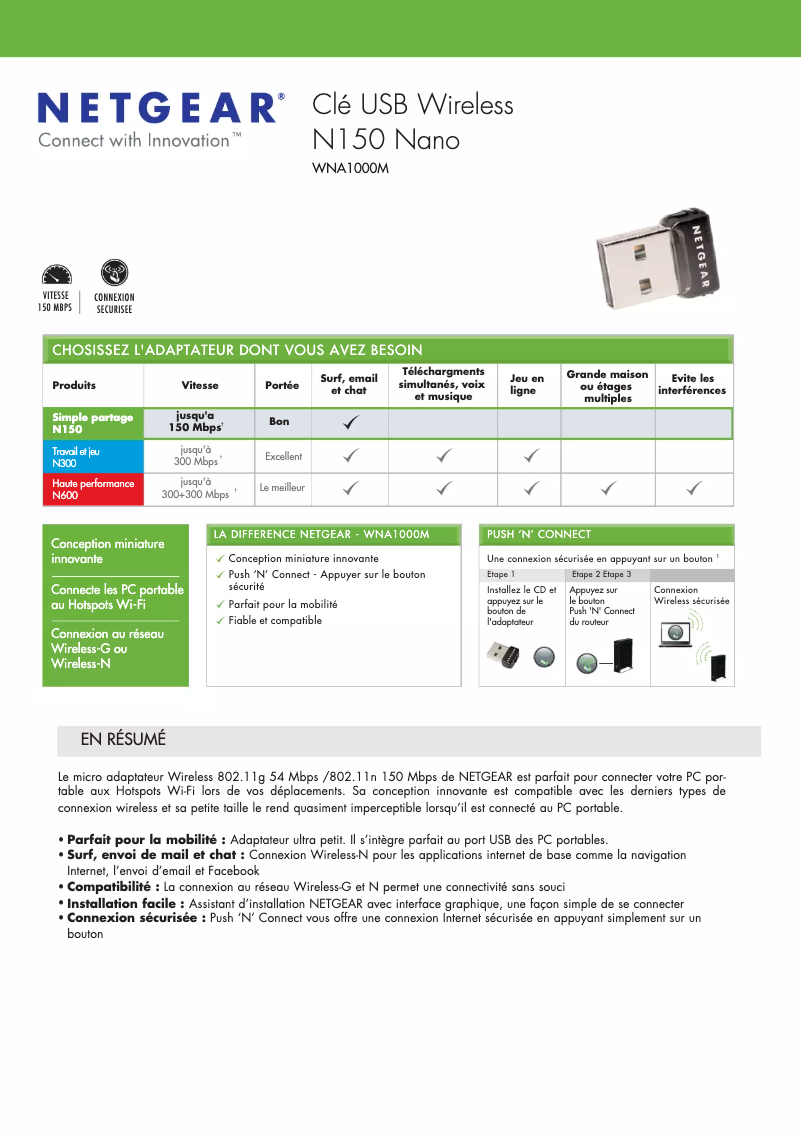 Page 1 of the manual Technical Sheet Netgear WNA1000M