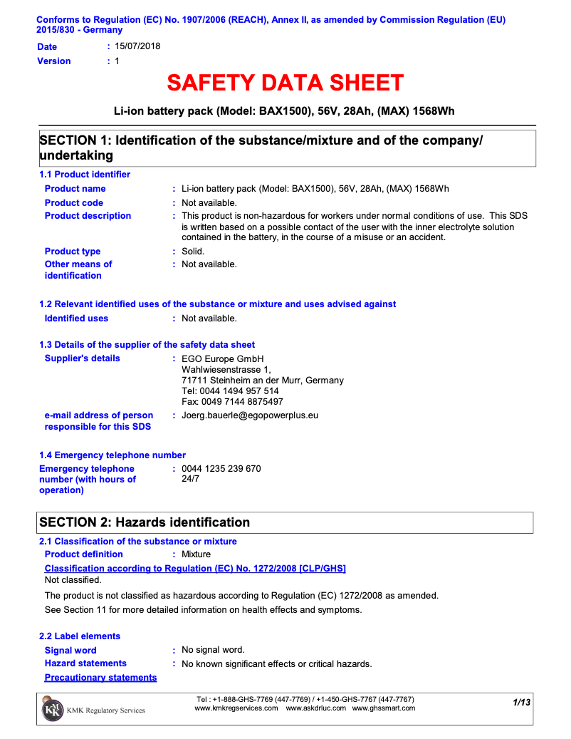 Page 1 de la notice Manuel utilisateur EGO BAX1500