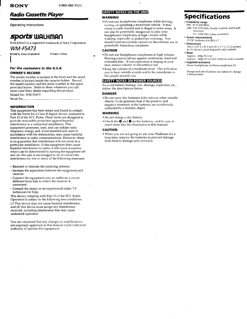 Image de la première page du manuel de l'appareil Walkman WM-FS473