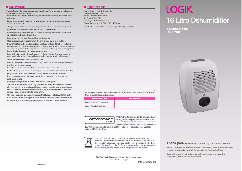 Page 1 de la notice Manuel utilisateur Logik L16DHW10