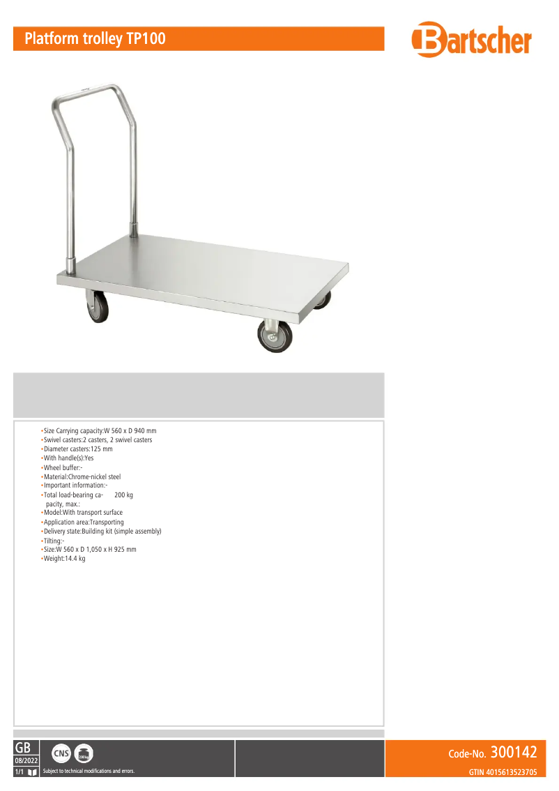 Page n°1 - Fiche technique Bartscher TP100