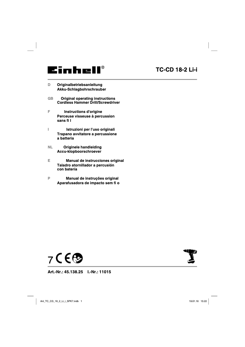 Page 1 de la notice Manuel utilisateur Einhell TC-CD 18-2 Li-i